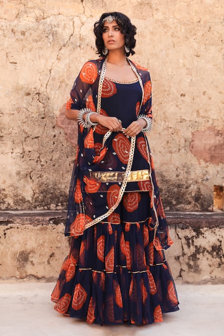 Buy Gulabo Jaipur Blue Georgette Bandhani Scoop Neck Shinaz Print Kurta Sharara Set Online at Aza Fashions Buy_Gulabo Jaipur_Blue Georgette Bandhani Scoop Neck Shinaz Print Kurta Sharara Set _Online_at_Aza_Fashions