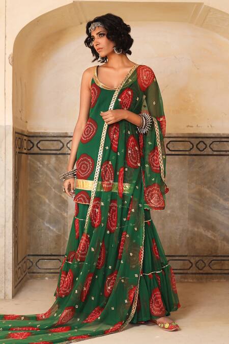 Gulabo Jaipur Green Georgette Bandhani Scoop Neck Shinaz Kurta Sharara Set Online at Aza Fashions Gulabo Jaipur_Green Georgette Bandhani Scoop Neck Shinaz Kurta Sharara Set _Online_at_Aza_Fashions