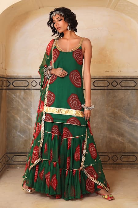Gulabo Jaipur Green Georgette Bandhani Scoop Neck Shinaz Kurta Sharara Set