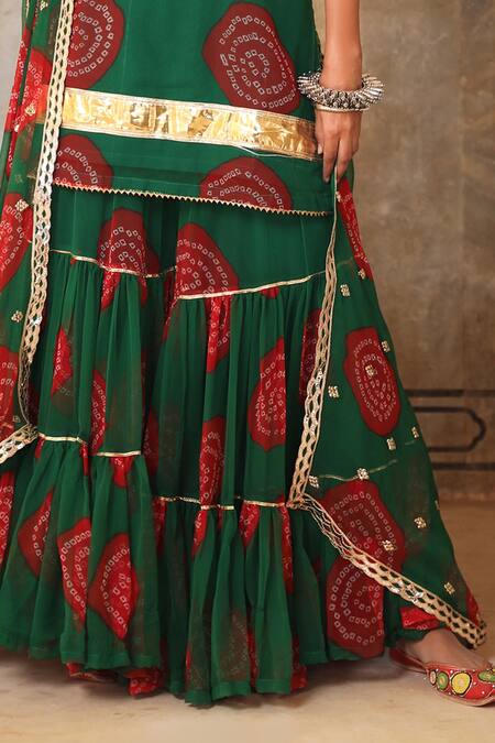 Shop Gulabo Jaipur Green Georgette Bandhani Scoop Neck Shinaz Kurta Sharara Set Online at Aza Fashions Shop_Gulabo Jaipur_Green Georgette Bandhani Scoop Neck Shinaz Kurta Sharara Set _Online_at_Aza_Fashions