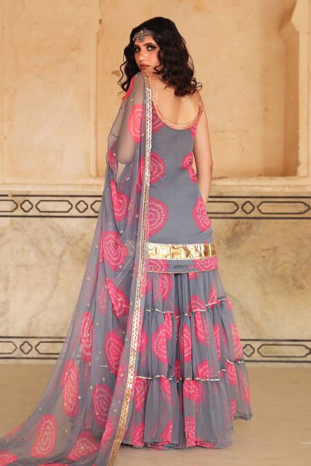 Shop Gulabo Jaipur Grey Georgette Bandhani Scoop Neck Shinaz Print Kurta Sharara Set at Aza Fashions Shop_Gulabo Jaipur_Grey Georgette Bandhani Scoop Neck Shinaz Print Kurta Sharara Set_at_Aza_Fashions