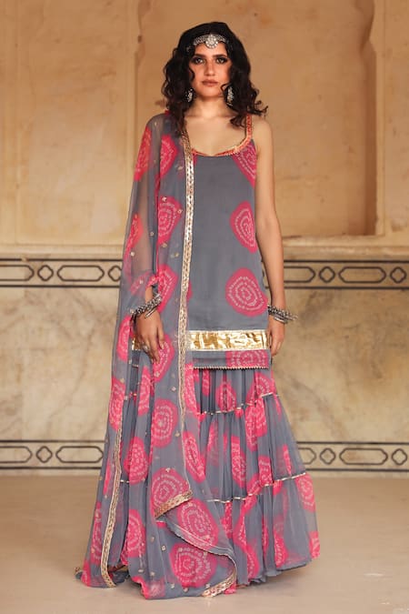 Gulabo Jaipur Grey Georgette Printed Bandhani Scoop Neck Shinaz Kurta Sharara Set 