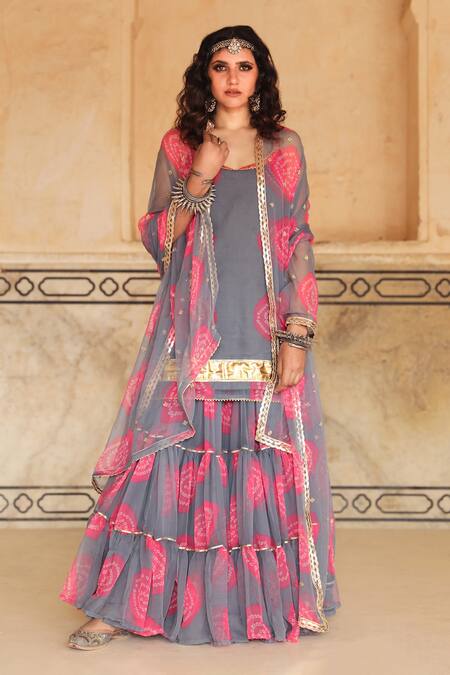 Buy Gulabo Jaipur Grey Georgette Bandhani Scoop Neck Shinaz Print Kurta Sharara Set Online at Aza Fashions Buy_Gulabo Jaipur_Grey Georgette Bandhani Scoop Neck Shinaz Print Kurta Sharara Set_Online_at_Aza_Fashions