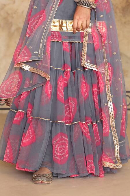 Shop Gulabo Jaipur Grey Georgette Bandhani Scoop Neck Shinaz Print Kurta Sharara Set Online at Aza Fashions Shop_Gulabo Jaipur_Grey Georgette Bandhani Scoop Neck Shinaz Print Kurta Sharara Set_Online_at_Aza_Fashions