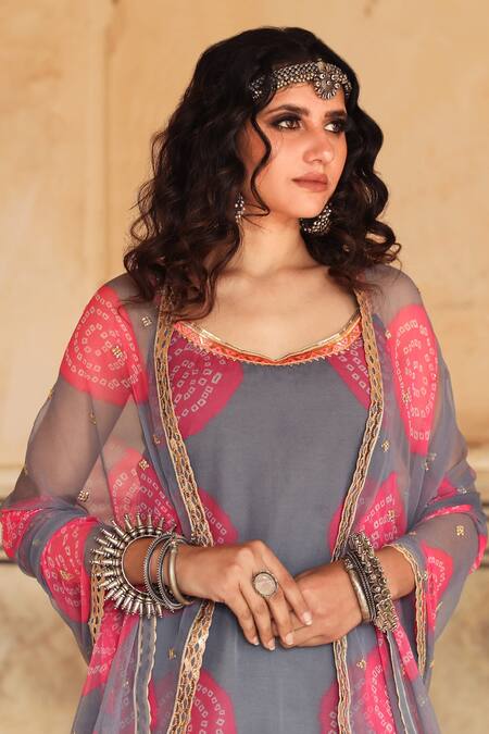 Gulabo Jaipur Grey Georgette Bandhani Scoop Neck Shinaz Print Kurta Sharara Set at Aza Fashions Gulabo Jaipur_Grey Georgette Bandhani Scoop Neck Shinaz Print Kurta Sharara Set_at_Aza_Fashions