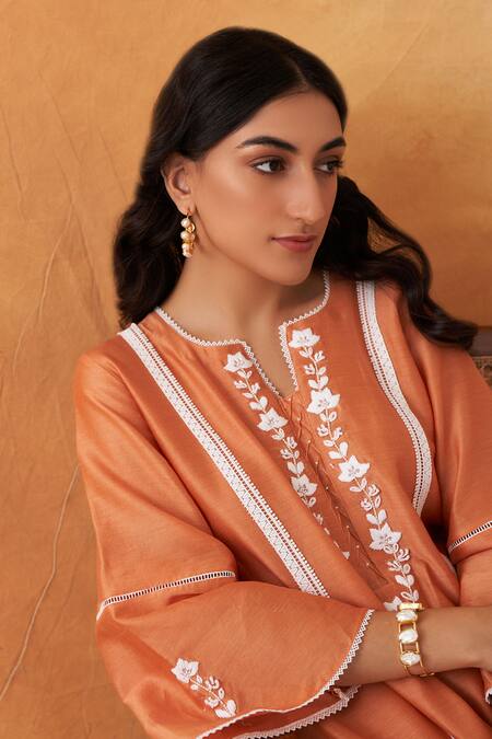 Buy Shipraa Grover Orange Chanderi, Cotton Pearls, Lace Aiza Floral Embroidered Kurta Pant Set Online at Aza Fashions Buy_Shipraa Grover_Orange Chanderi, Cotton Pearls, Lace Aiza Floral Embroidered Kurta Pant Set _Online_at_Aza_Fashions