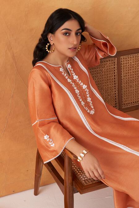 Shipraa Grover Orange Chanderi, Cotton Pearls, Lace Aiza Floral Embroidered Kurta Pant Set Online at Aza Fashions Shipraa Grover_Orange Chanderi, Cotton Pearls, Lace Aiza Floral Embroidered Kurta Pant Set _Online_at_Aza_Fashions