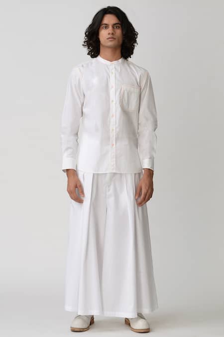 Rajesh Pratap Singh_White Cotton Band Collar Shirt _Online_at_Aza_Fashions