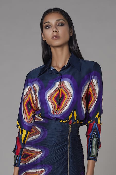 Saaksha & Kinni_Multi Color Satin Abstract Collared Neck Print Shirt _Online_at_Aza_Fashions