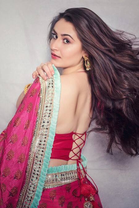 Shop_Gopi Vaid_Pink Saree Chiffon Blouse Cotton Silk Printed Ruffle Set  _at_Aza_Fashions