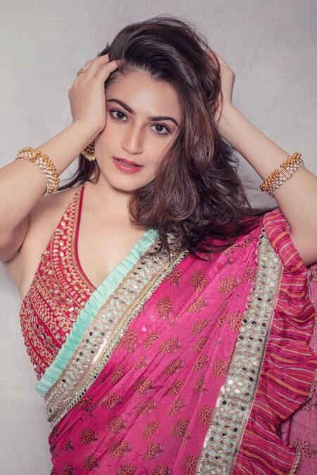 Gopi Vaid_Pink Saree Chiffon Blouse Cotton Silk Printed Ruffle Set  _Online_at_Aza_Fashions