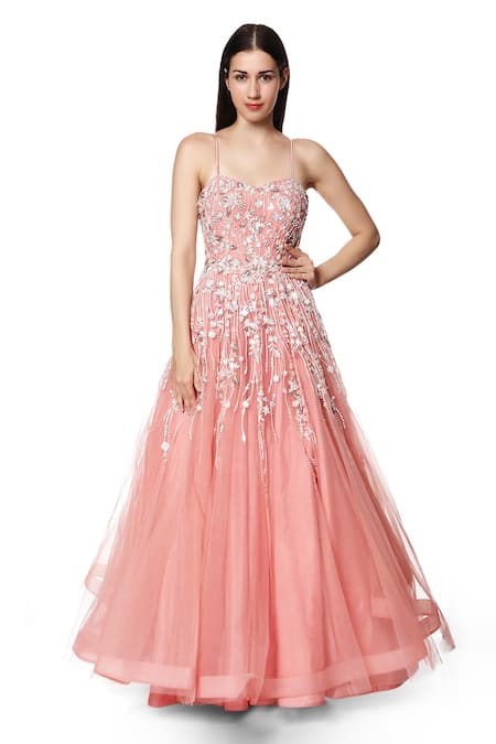 pink net based embroidered gown