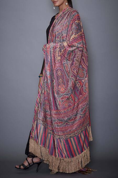 Shop_RI.Ritu Kumar_Beige Velvet Shawl_at_Aza_Fashions