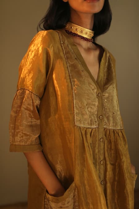 Shorshe Clothing_Gold Chanderi, Handloom Tissue V Neck Kurta And Pant Set _Online_at_Aza_Fashions