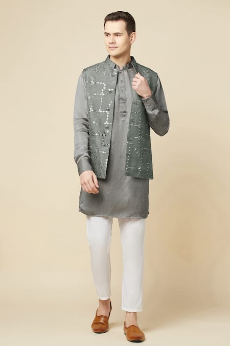 Buy Spring Break Gray Cotton, Polyester Mirrors Embroidered Grey Bundi And Kurta Set Online at Aza Fashions Buy_Spring Break_Gray Cotton, Polyester Mirrors Embroidered Grey Bundi And Kurta Set _Online_at_Aza_Fashions
