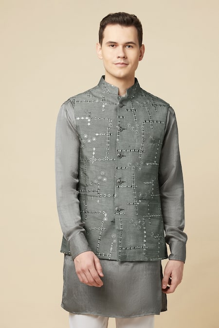 Shop Spring Break Gray Cotton, Polyester Mirrors Embroidered Grey Bundi And Kurta Set Online at Aza Fashions Shop_Spring Break_Gray Cotton, Polyester Mirrors Embroidered Grey Bundi And Kurta Set _Online_at_Aza_Fashions