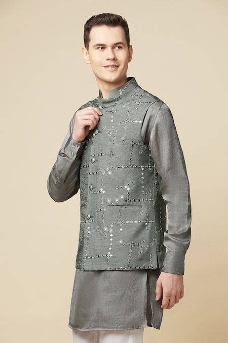 Spring Break Gray Cotton, Polyester Mirrors Embroidered Grey Bundi And Kurta Set at Aza Fashions Spring Break_Gray Cotton, Polyester Mirrors Embroidered Grey Bundi And Kurta Set _at_Aza_Fashions