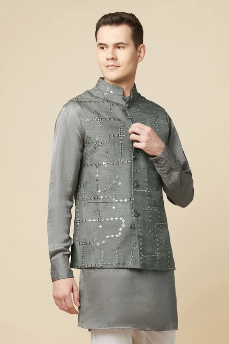 Buy Spring Break Gray Cotton, Polyester Mirrors Embroidered Grey Bundi And Kurta Set Buy_Spring Break_Gray Cotton, Polyester Mirrors Embroidered Grey Bundi And Kurta Set