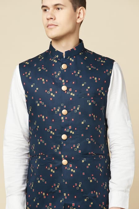 SPRING BREAK_White Cotton, Polyester Geometric Printed Bundi And Shirt Set _Online_at_Aza_Fashions