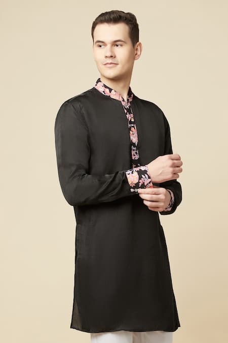 Shop Spring Break Black Cotton, Polyester Embroidery Placket Printed Kurta Online at Aza Fashions Shop_Spring Break_Black Cotton, Polyester Embroidery Placket Printed Kurta _Online_at_Aza_Fashions