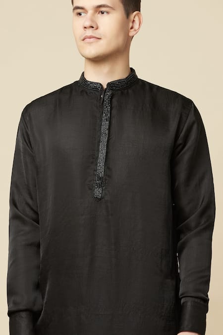 Spring Break_Black Cotton, Polyester Cut Work Collar Embroidered Kurta _at_Aza_Fashions