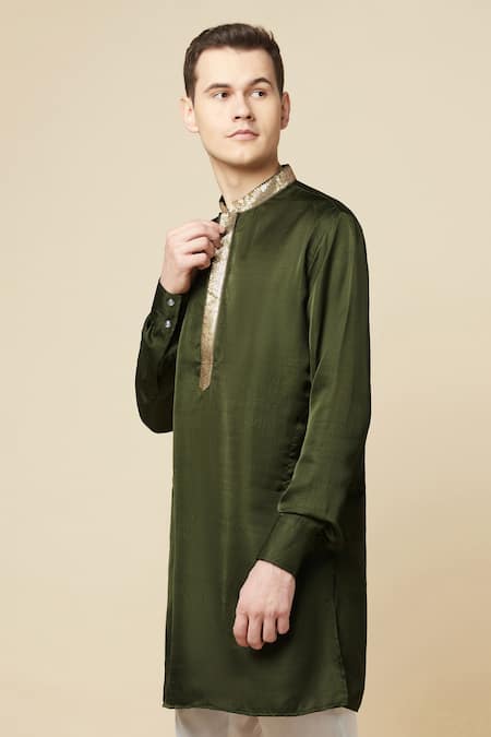 SPRING BREAK_Green Cotton, Polyester Embroidery Placket Kurta _Online_at_Aza_Fashions