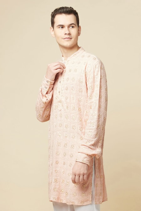 Shop Spring Break Pink Cotton, Polyester Embroidery Lucknowi Kurta And Churidar Set Online at Aza Fashions Shop_Spring Break_Pink Cotton, Polyester Embroidery Lucknowi Kurta And Churidar Set _Online_at_Aza_Fashions