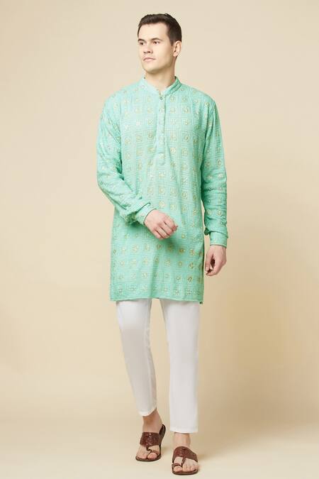 Spring Break_Green Cotton, Polyester Embroidery Lucknowi Kurta Set _Online_at_Aza_Fashions