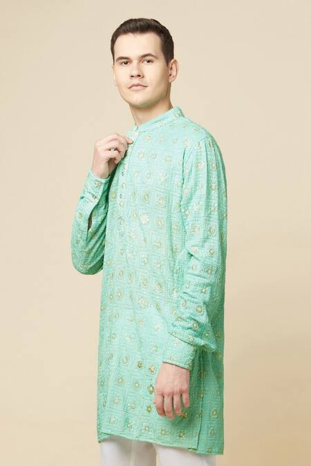 Buy_Spring Break_Green Cotton, Polyester Embroidery Lucknowi Kurta Set _Online_at_Aza_Fashions