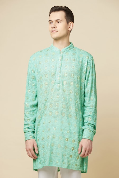Shop_Spring Break_Green Cotton, Polyester Embroidery Lucknowi Kurta Set _Online_at_Aza_Fashions