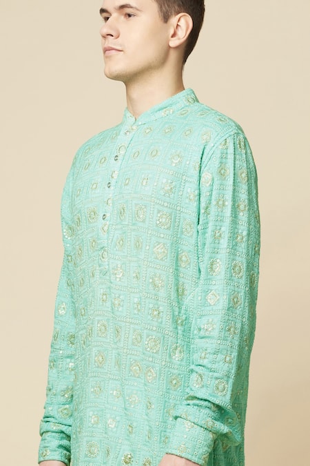 Spring Break_Green Cotton, Polyester Embroidery Lucknowi Kurta Set _at_Aza_Fashions