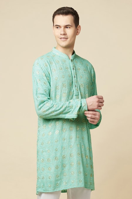 Buy_Spring Break_Green Cotton, Polyester Embroidery Lucknowi Kurta Set 