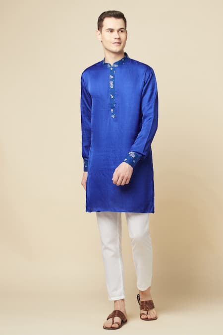 Spring Break_Blue Cotton, Polyester Embroidery Printed Placket Kurta_Online_at_Aza_Fashions