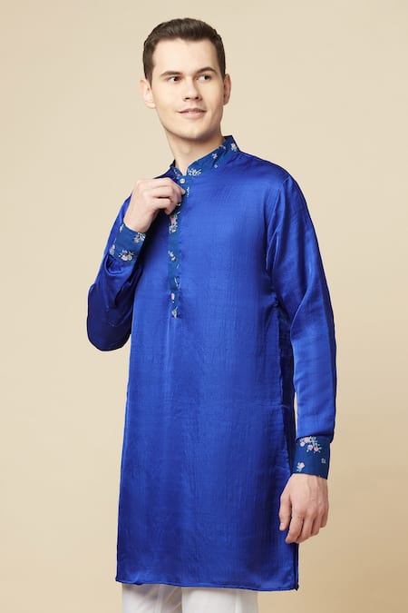 Buy_Spring Break_Blue Cotton, Polyester Embroidery Printed Placket Kurta_Online_at_Aza_Fashions