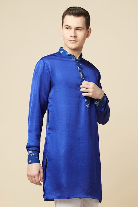 Shop_Spring Break_Blue Cotton, Polyester Embroidery Printed Placket Kurta_Online_at_Aza_Fashions