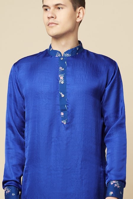 Spring Break_Blue Cotton, Polyester Embroidery Printed Placket Kurta_at_Aza_Fashions