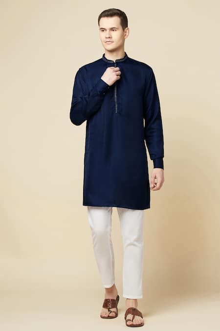 Spring Break_Blue Cotton, Polyester Embroidery Placket Kurta _Online_at_Aza_Fashions