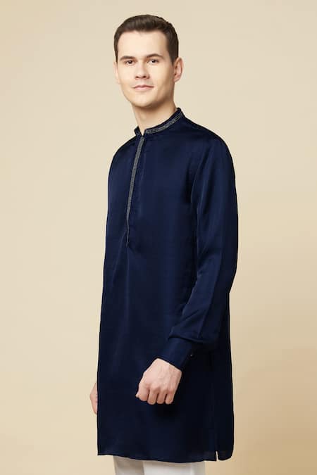 Shop_Spring Break_Blue Cotton, Polyester Embroidery Placket Kurta _Online_at_Aza_Fashions