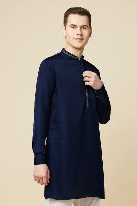 Spring Break_Blue Cotton, Polyester Embroidery Placket Kurta _at_Aza_Fashions