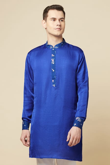 Shop_Spring Break_Blue Cotton, Polyester Embroidery Printed Placket Kurta
