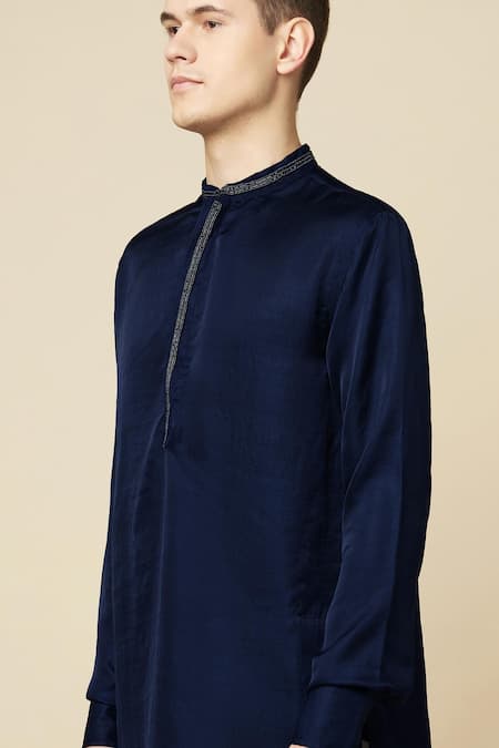 Shop_Spring Break_Blue Cotton, Polyester Embroidery Placket Kurta 