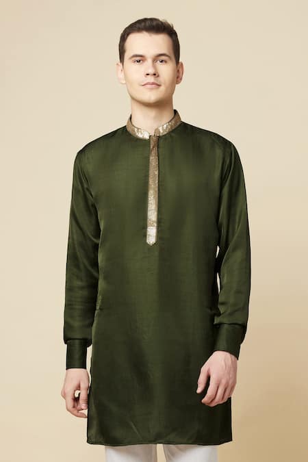 Shop_SPRING BREAK_Green Cotton, Polyester Embroidery Placket Kurta _Online_at_Aza_Fashions