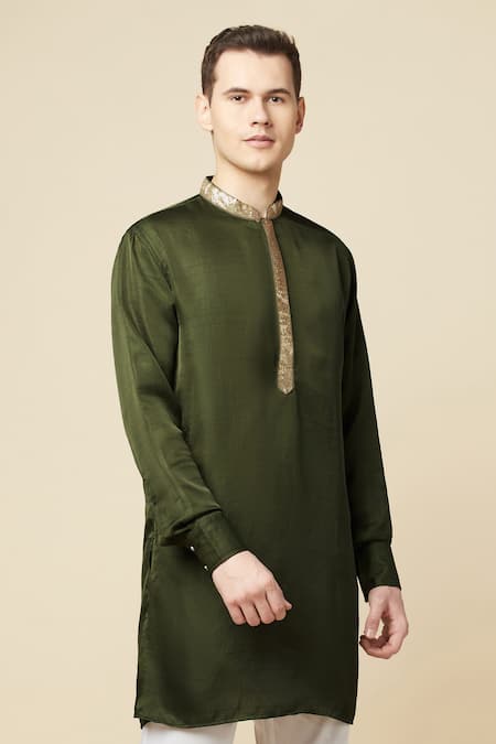 SPRING BREAK_Green Cotton, Polyester Embroidery Placket Kurta _at_Aza_Fashions