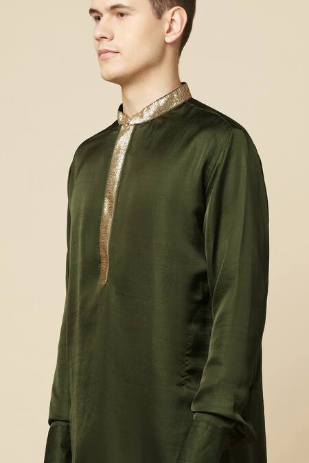 Shop_SPRING BREAK_Green Cotton, Polyester Embroidery Placket Kurta 