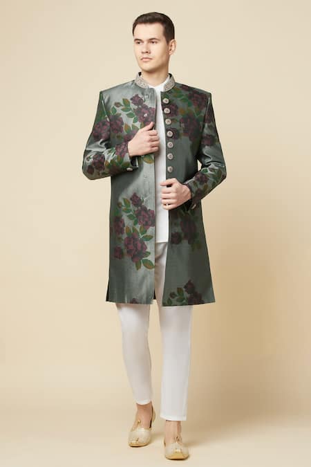 Spring Break_Grey Cotton, Polyester Embroidery Floral Print Sherwani Set_Online_at_Aza_Fashions