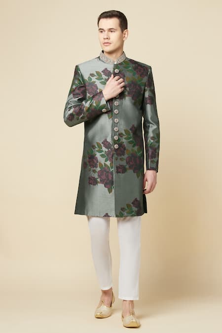 Buy_Spring Break_Grey Cotton, Polyester Embroidery Floral Print Sherwani Set_Online_at_Aza_Fashions