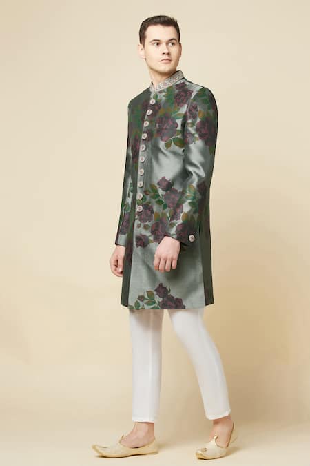 Shop_Spring Break_Grey Cotton, Polyester Embroidery Floral Print Sherwani Set_Online_at_Aza_Fashions