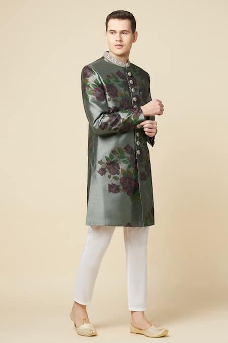 Spring Break_Grey Cotton, Polyester Embroidery Floral Print Sherwani Set_at_Aza_Fashions
