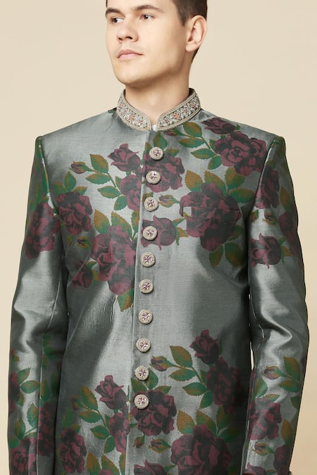 Buy_Spring Break_Grey Cotton, Polyester Embroidery Floral Print Sherwani Set