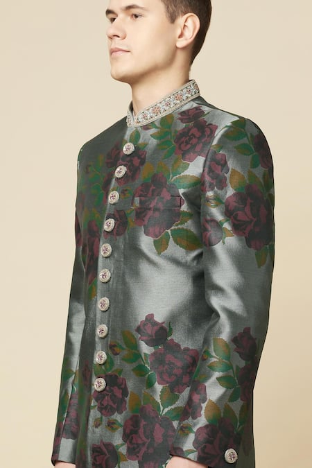 Shop_Spring Break_Grey Cotton, Polyester Embroidery Floral Print Sherwani Set